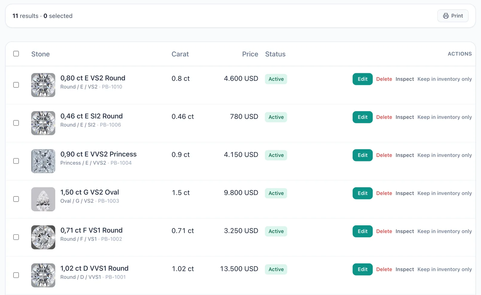 My Products screen: 11 stones; stock list with carat, price and status columns.