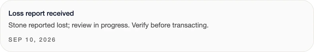 GemsTrace event record: loss report received, review in progress.