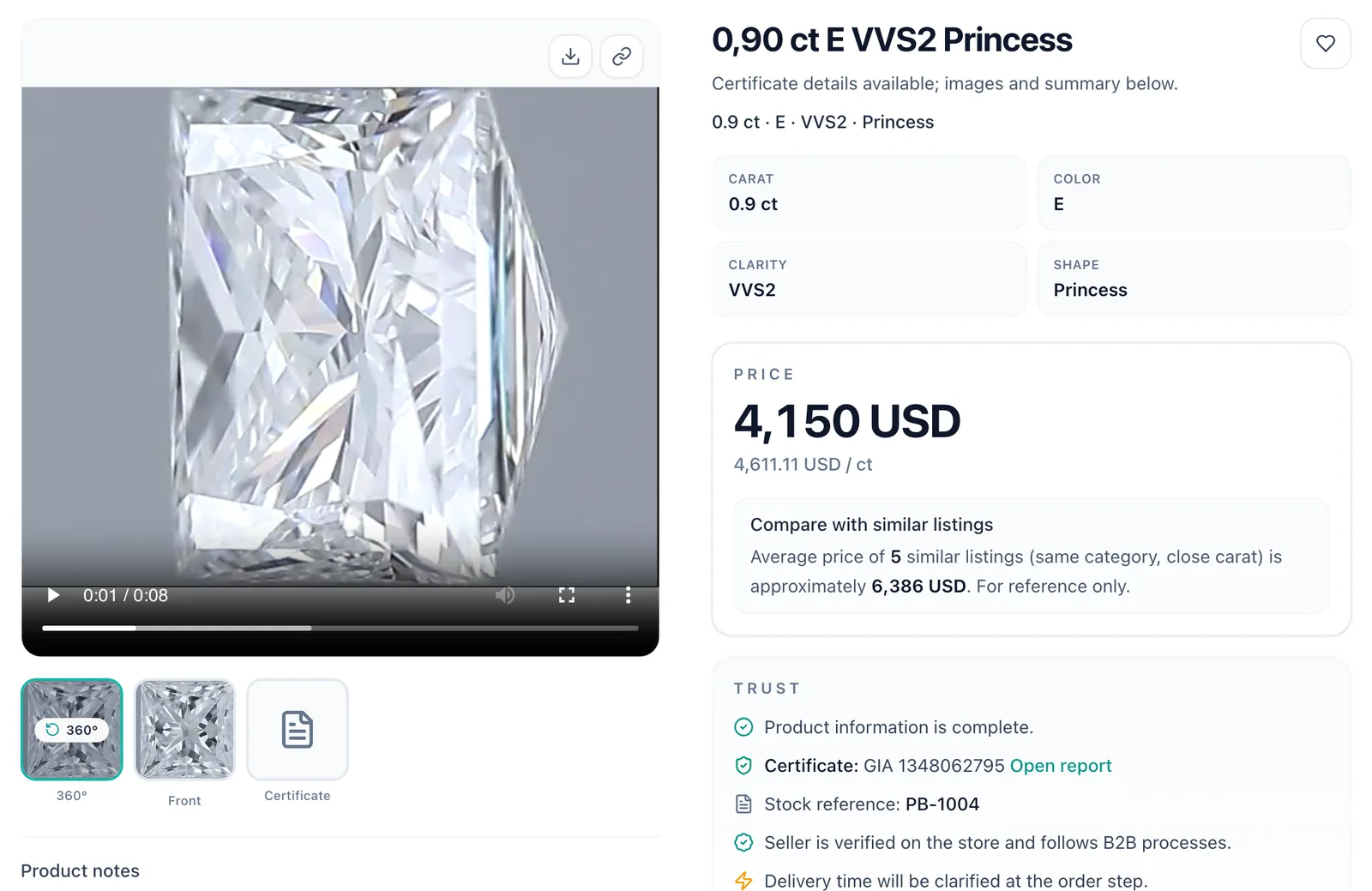The stone's public page: 360° video, carat, color, clarity, price and GIA certificate details.